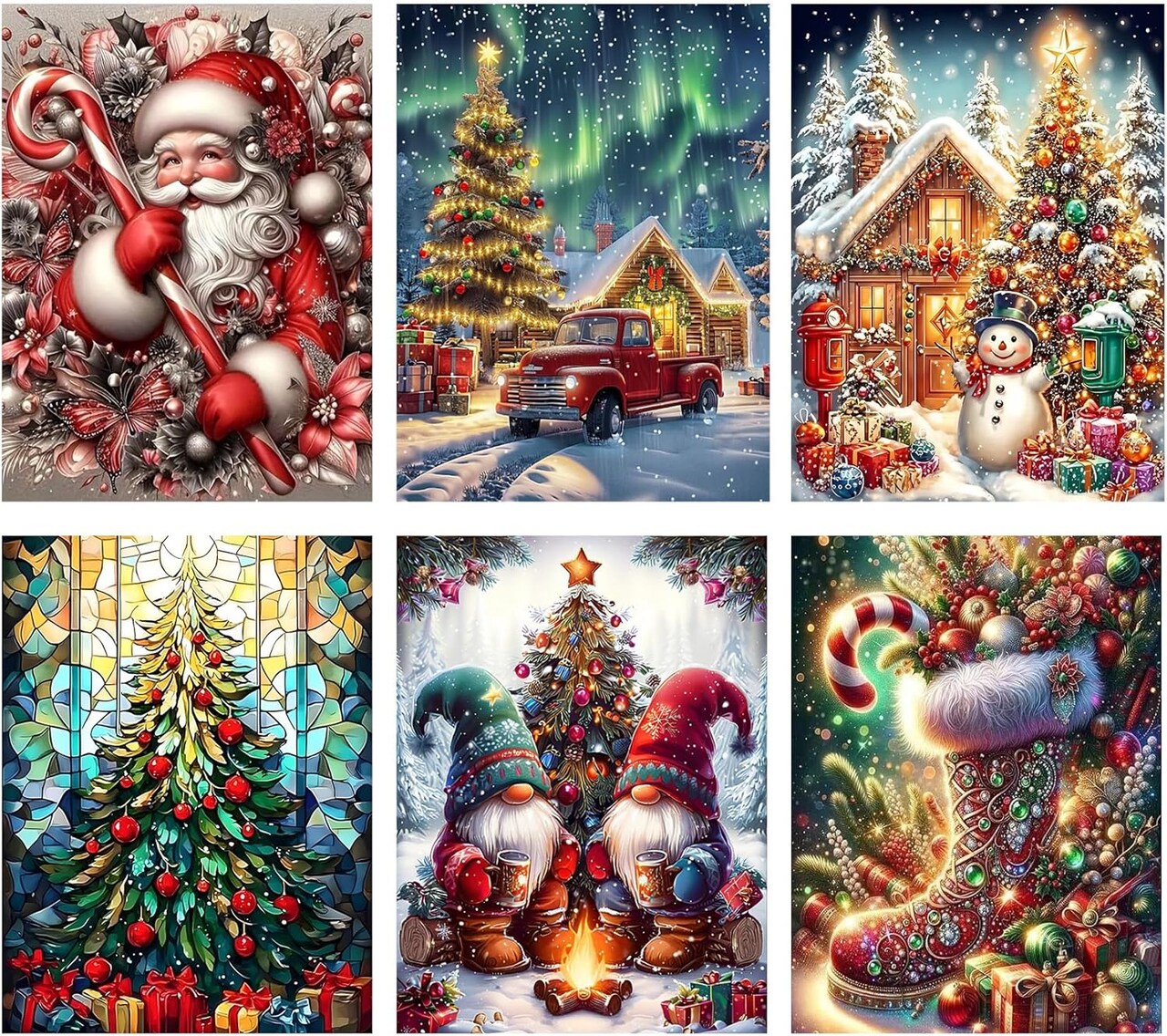 6 Pack Christmas Diamond Painting Kits for Adults- Christmas Diamond Art Kits for Adults, Christmas Tree Snowman Boots Santa Claus Truck Gnome Diamond Painting for Home Wall Decor 12x16 Inch